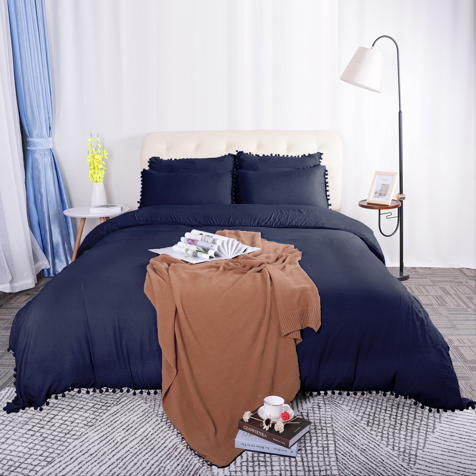 Pompon Duvet Cover And Sham Set Queen Bed Soft Washed Cotton Navy Blue