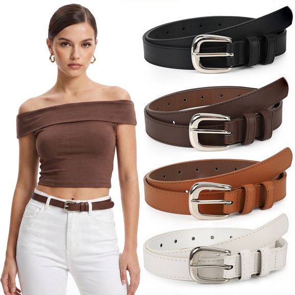 Bocaoying 4 Pack Womens Thin Leather Belt, Skinny Waist Belts for Women, Women Belts for Jeans Dresses Pants, Ladies Leather Waist Belt with Gold Buckle
