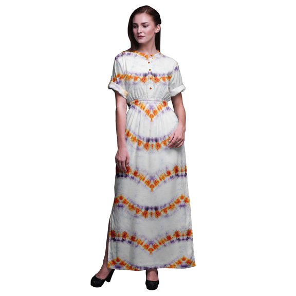 Bimba Rayon Shibori Tie-Dye Printed Gown Kimono Sleeves Summer Long Maxi Slit Dress-Small