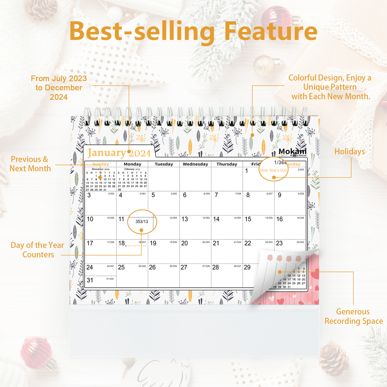 Mokani Small Desk Calendar 2024, Mini Monthly Desktop Standing Calendar