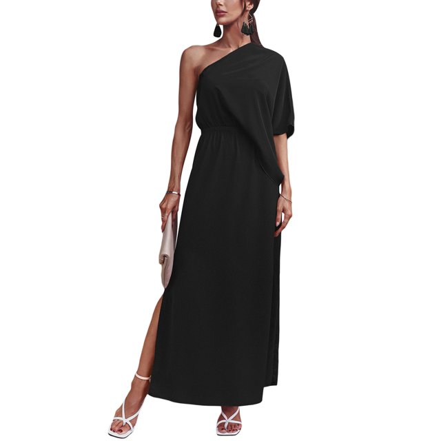 Sunloudy - Vestido de noche largo de verano para mujer, color sólido, sin espalda, con abertura alta, un hombro Sunloudy S M L XL