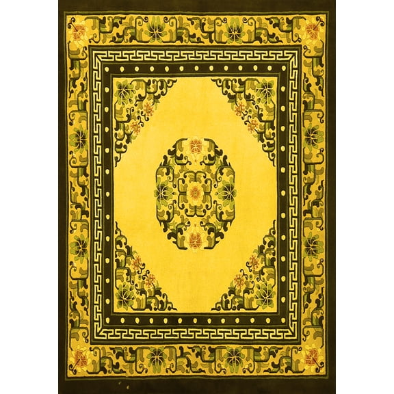 Ahgly Company Machine Washable Indoor Rectangle Persian Yellow Traditional Area Rugs, 5' x 7'