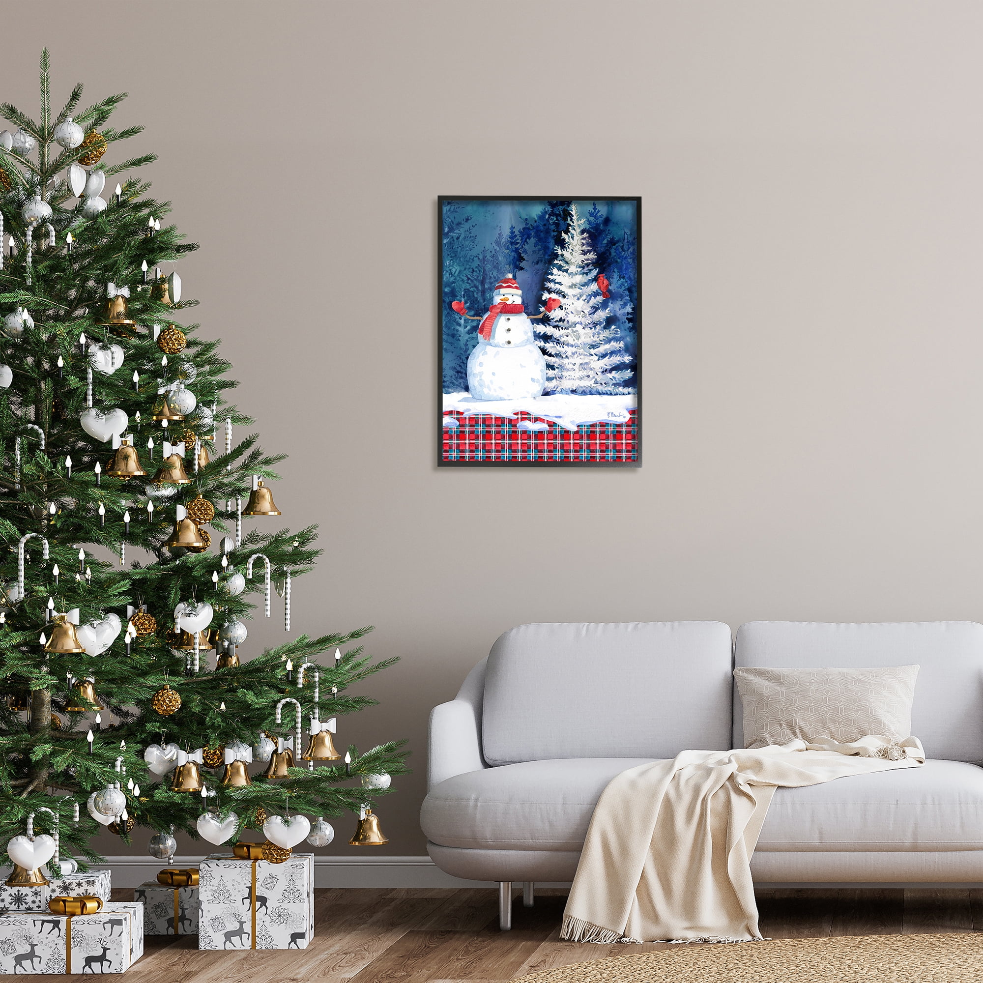Stupell Industries Winter Snowman on Plaid Holiday Painting Black Framed Art Print Wall Art, 24 x 30