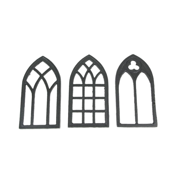 Set of 3 Black Cast Iron Gothic Cathedral Window Frame Design Hot Plate Trivets - Versatile 8-Inch Kitchen Table Accessories and Decorative Wall Hangings