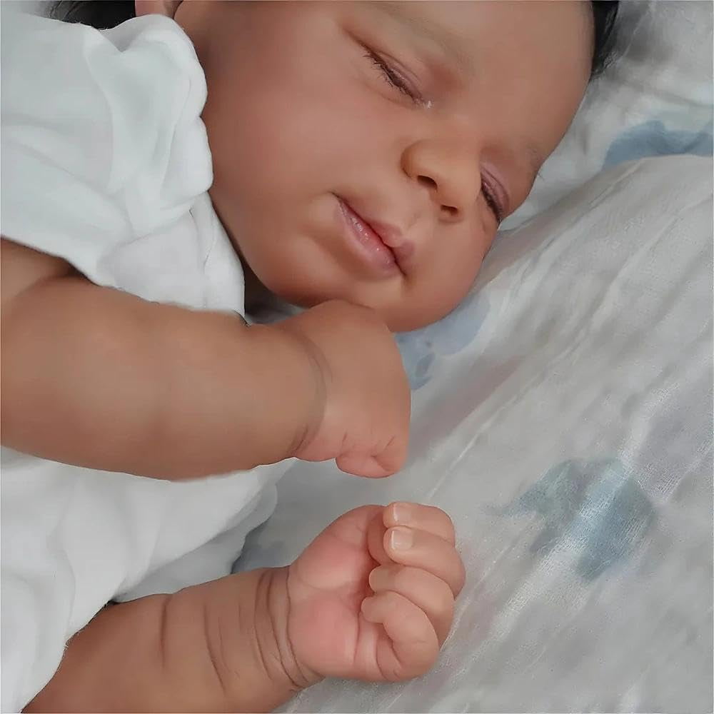 19 Inch Black Reborn Baby Dolls – Lifelike African American Soft Cloth Body Real Life Baby Dolls – Realistic Handmade Toy with Curly Hair Gift for Age3+