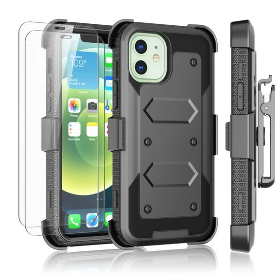 iPhone 12 / 12 Pro / 12 Pro Max Case Holster Clip, Tekcoo ShockProof Secure Swivel Locking Belt Defender Heavy Full Body Kickstand Carrying Tank Armor Case with 2 Pack Tempered Glass Screen Protector