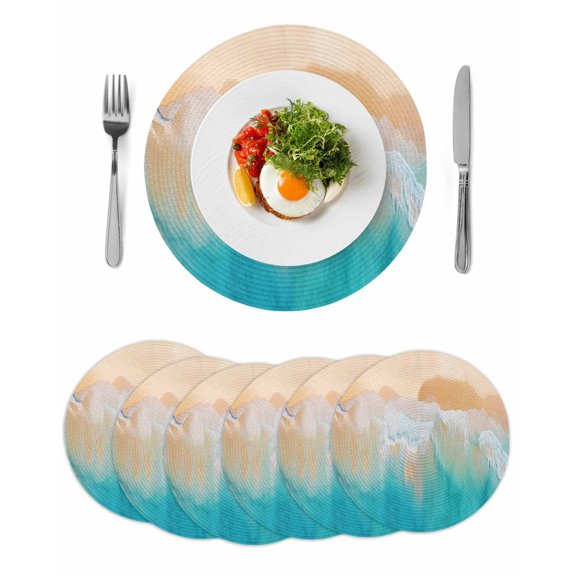 Orange Aqua Coastal Round 15 Inch Placemats Set of 6, Summer Beach Seaside Nautical HeatResistant Non Slip Place Mats for Dining Table, Wipeable Braided Kitchen Table Mats for Housewarming