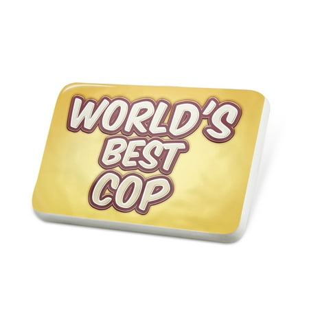 Porcelein Pin Worlds best Cop, happy yellow Lapel Badge –