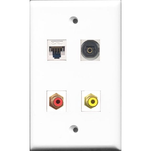 RiteAV 1 Port RCA Red and 1 Port RCA Yellow and 1 Port Toslink and 1 Port Cat5e Ethernet White Wall Plate