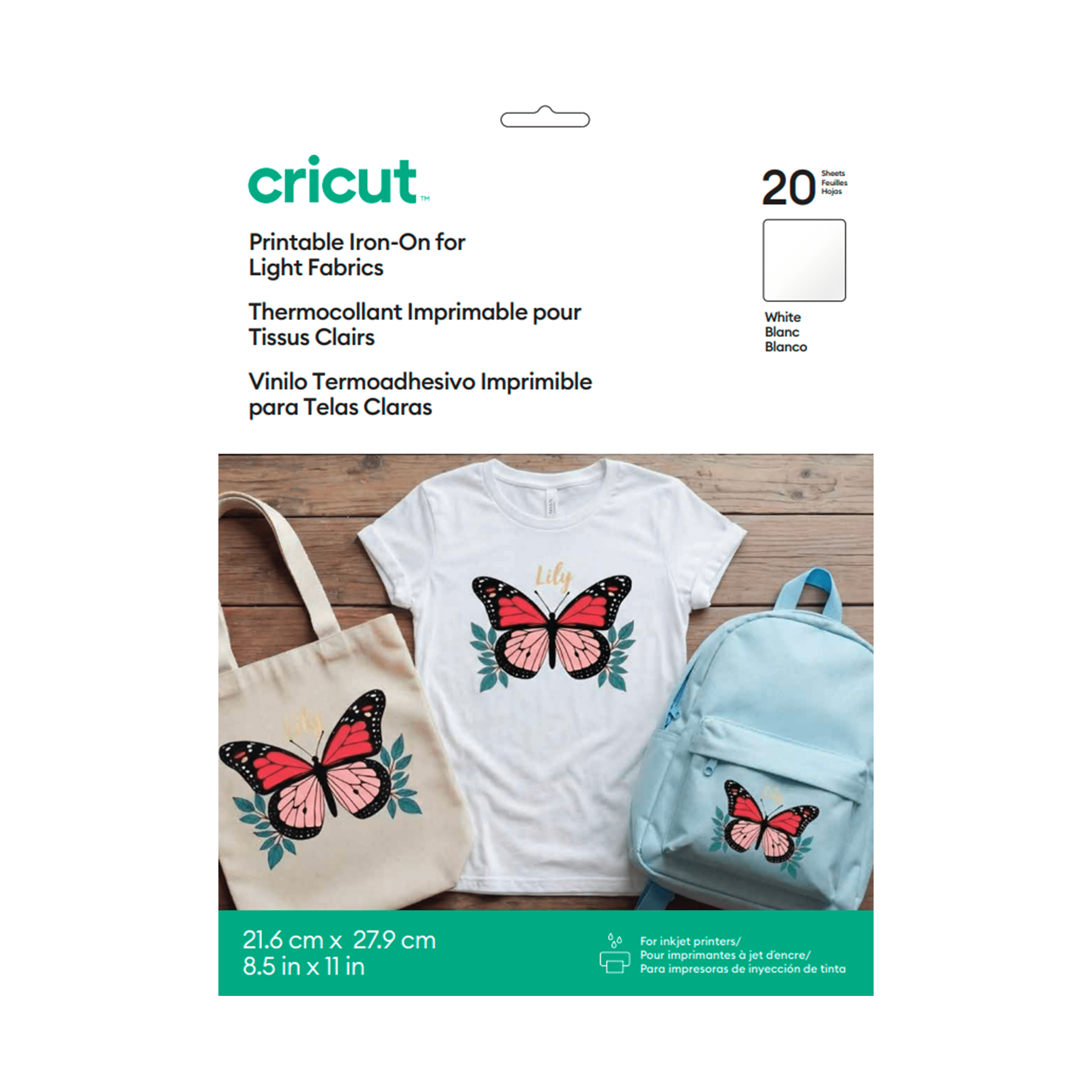 Cricut Printable Iron-On™ Vinyl For Light Fabrics 8.5x11 (20), 8.5" x 11", White