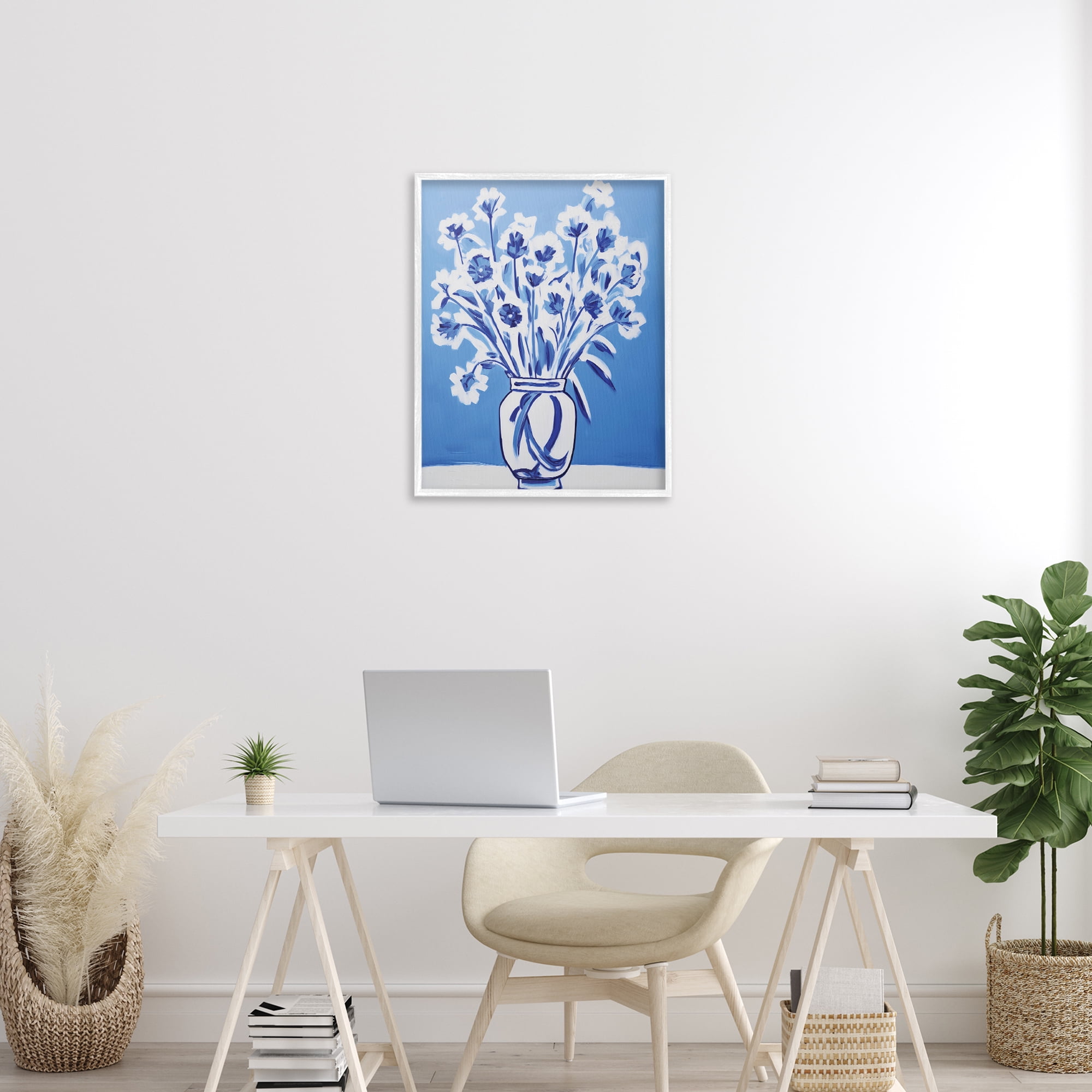 Blue & White Contrast Flowers White Framed Giclee Art, design by Lettered and Lined