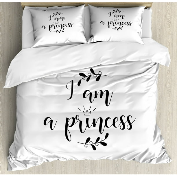 I Am A Princess Queen Size Duvet Cover Set Monochrome Hand Writing Style Quote With Olive