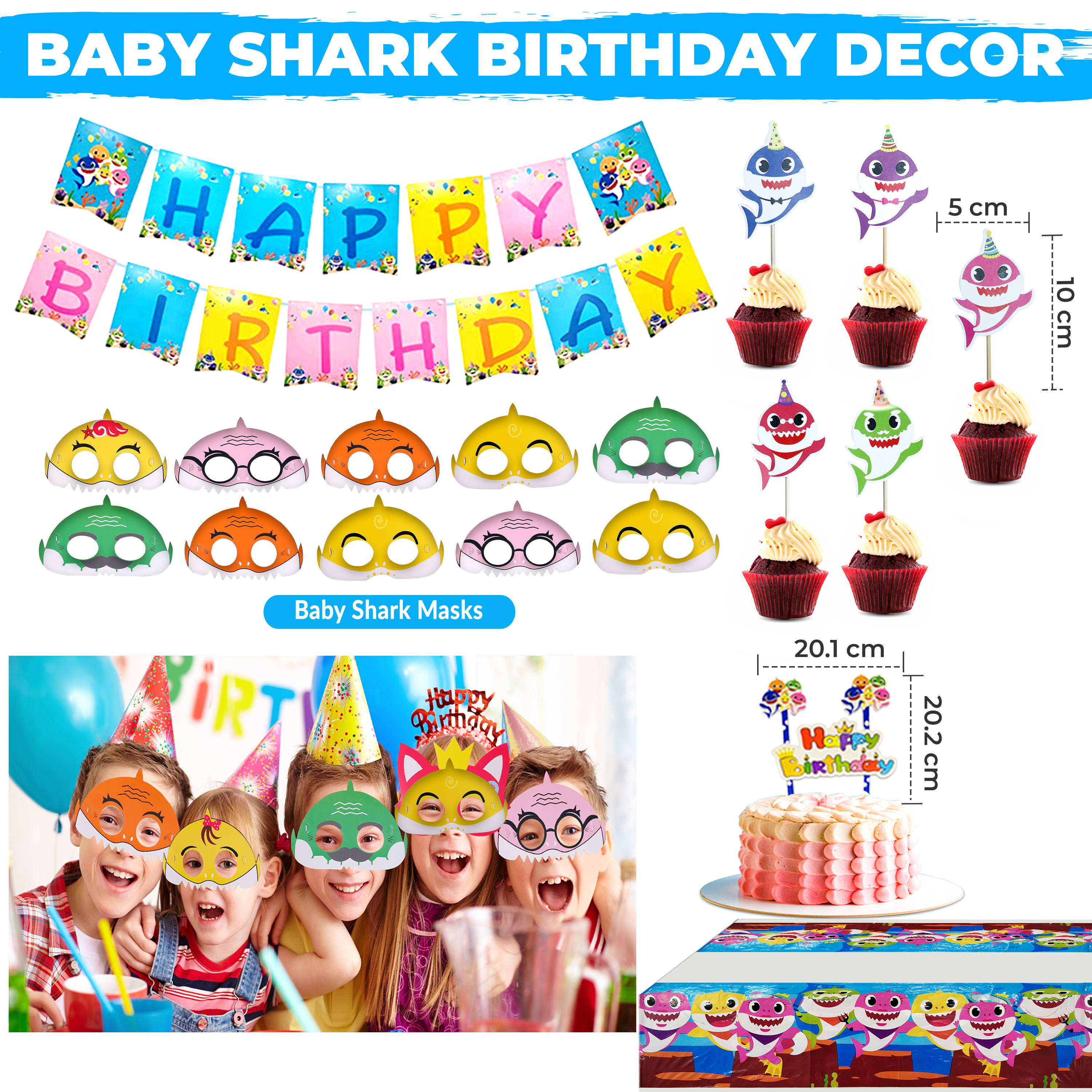 Baby Shark Doo Doo Theme Birthday Decorations - Shark Family Balloons Masks Cupcake Toppers Banner Tablecloth Shark Party Supply for Kids