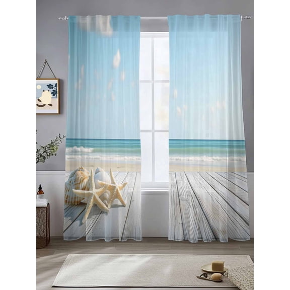Summer Beach Sheer Curtains for Living Room Bedroom Ocean Coastal Starfish Seashells Blue Sky Sheer Curtains 96 Inch Long 2 Panels Set Light Filtering Curtain Window Treatments Drapes for Dining Room