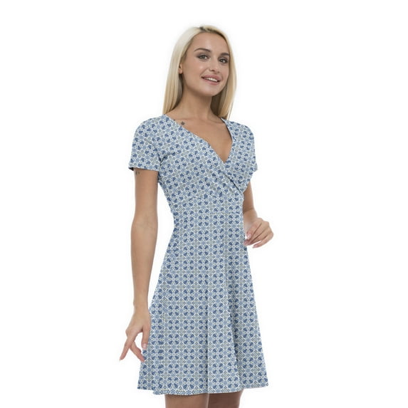 Women’s A Line Yellow and Blue Summer Dress, Retro Triangle Arrangement, Cross Wrap V Neck, 6 Sizes, by Ambesonne