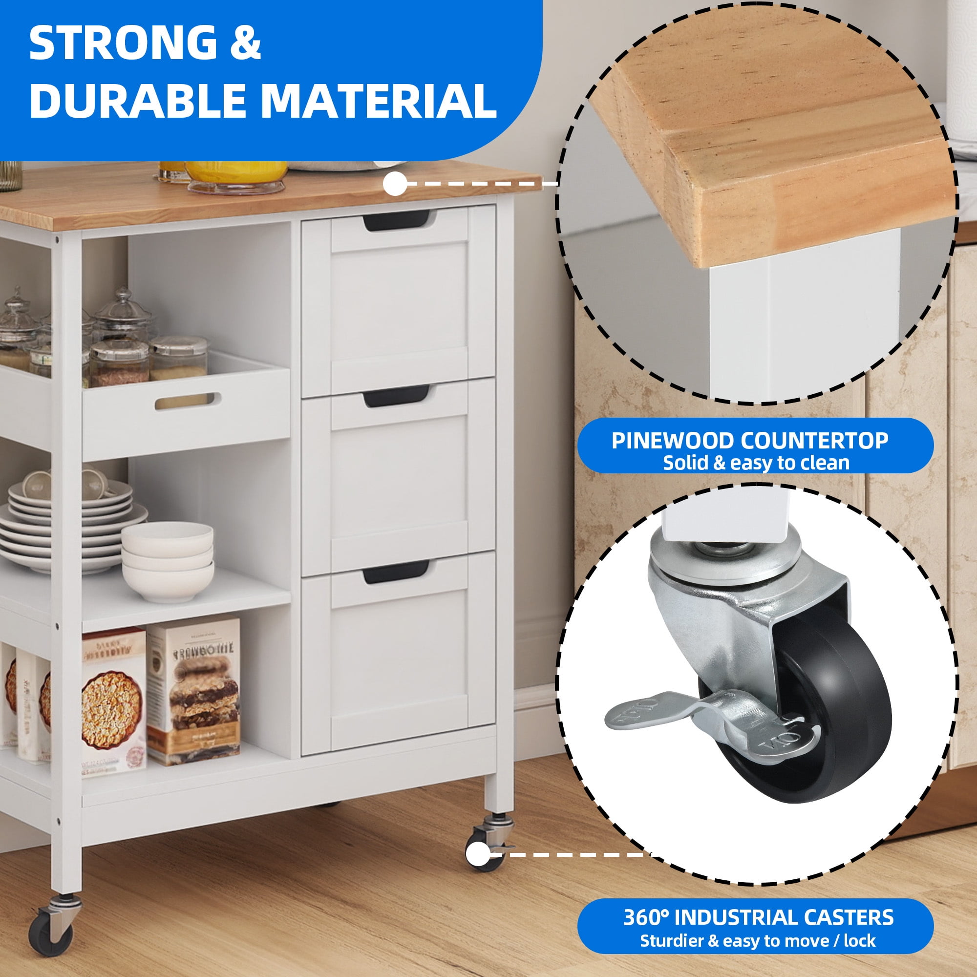 Dextrus 3-Tier Kitchen Island with Storage, Kitchen Storage Cart with Countertop & Drawers, White