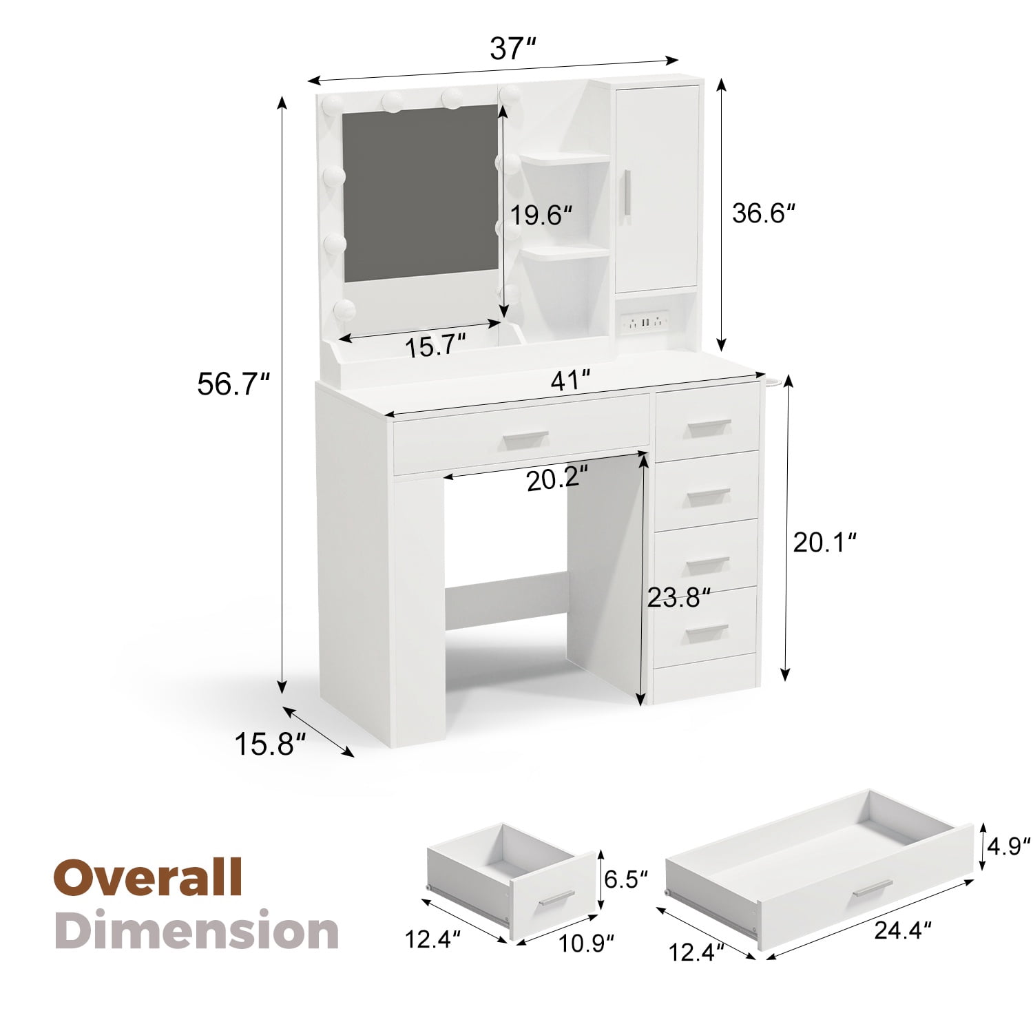 WACASA Vanity Desk with Mirror and Lights, Makeup Vanity with 5 Drawers & Power Strip, White Vanity with Storage Shelves, Adjustable Brightness Dressing Table for Bedroom