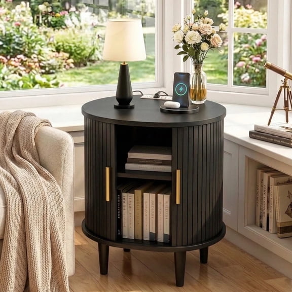 Aisword Nightstand with Charging Station, Fluted Accent Side Table with Sliding Door and Adjustable Shelf, End Table for Small Space, Black