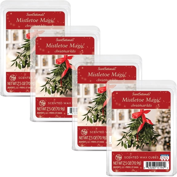 Scentsationals Christmas Wax Melts, Wax Cubes Strong Scent - Holiday Collection Mistletoe Magic - Long Lasting Scented Wax Melts for Warmer, 2.5 oz (4-Pack)