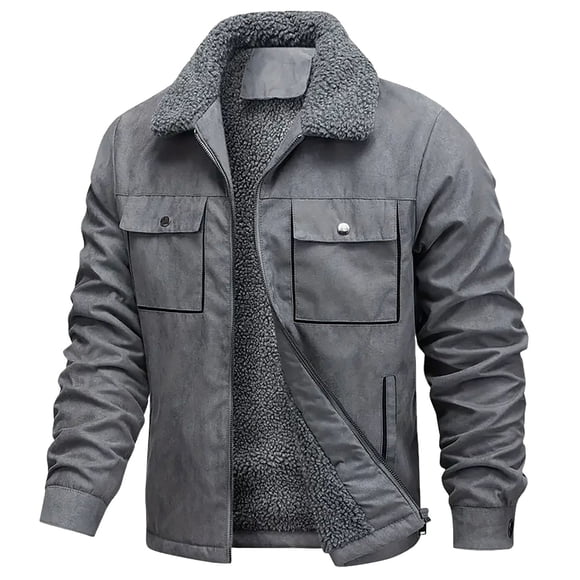 zfhfof Mens Shearling Bomber Coats Zip Up Lapel Winter Warm Faux Suede Jackets Vintage Sherpa Fleece Lined Overcoats with Pockets