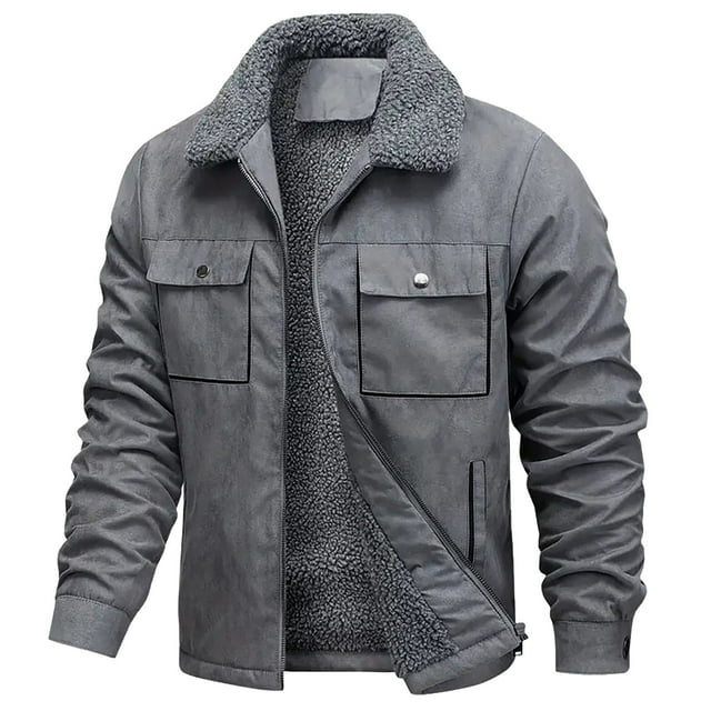 Long Jacket for Men, Men's Solid Color Long-Sleeve Lapel Suede-Like Jacket with Lamb Wool-Like Lining, Zipper, Buttons & Pockets, Suede Jacket Men
