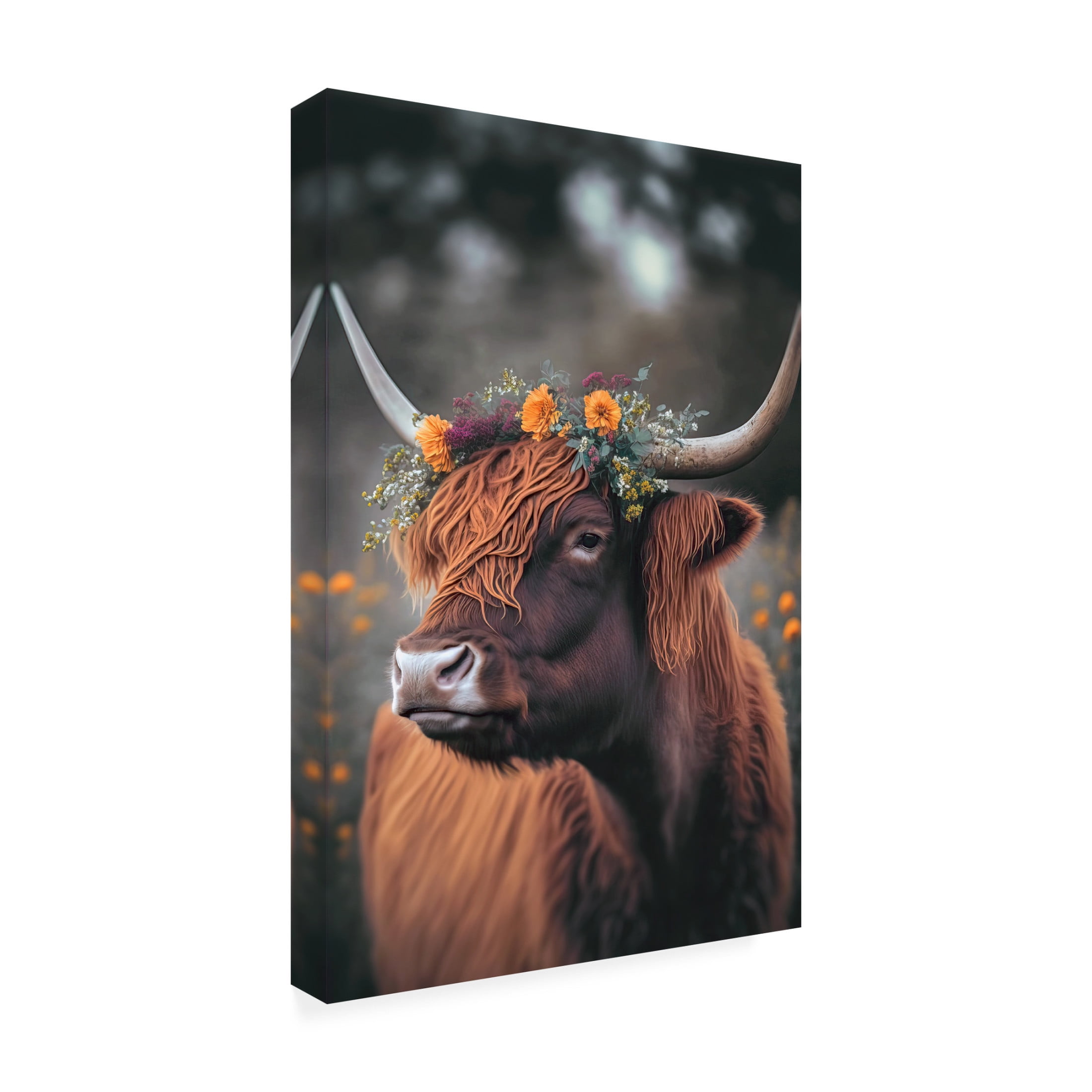 Canvas Wall Art - Treechild 'Highland Cow With Flowers' Wall Art for Living Room, Bedroom, or Office D?cor by Trademark Fine Art - 22 x 32 Inches