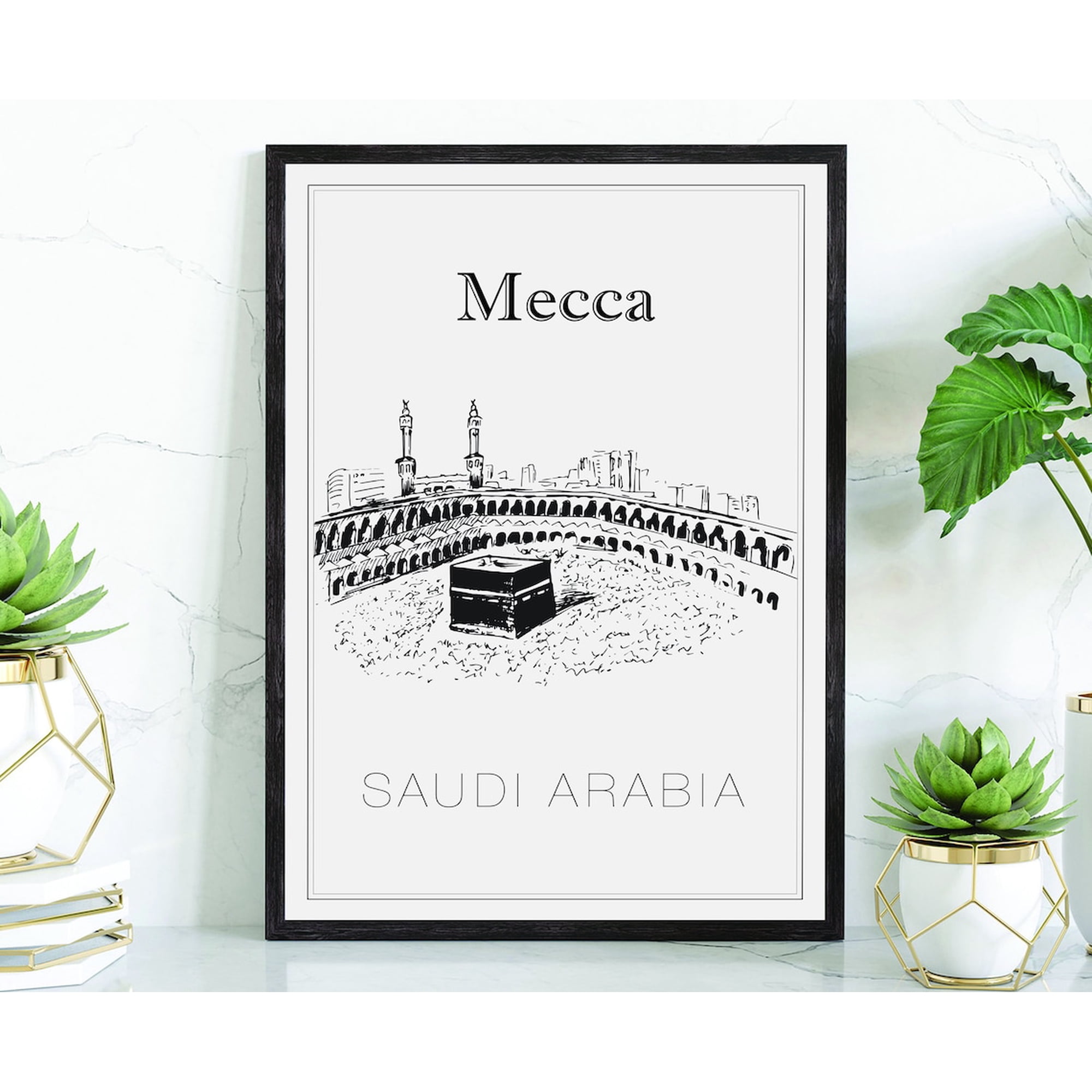 Mecca Saudi Arabia Landmark Wall Art Print With Hand Drawn City Map And Office Decor