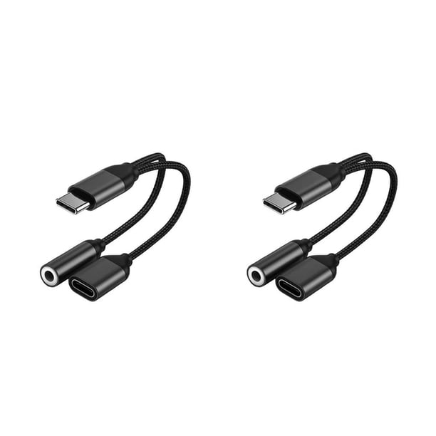 Kearding 2 en 1 USB C Splitter Auriculares AUX Cable de audio para tipo C a 3 .5 mm Adaptador de audio de carga Adaptador de auriculares Negro 2Conjunto