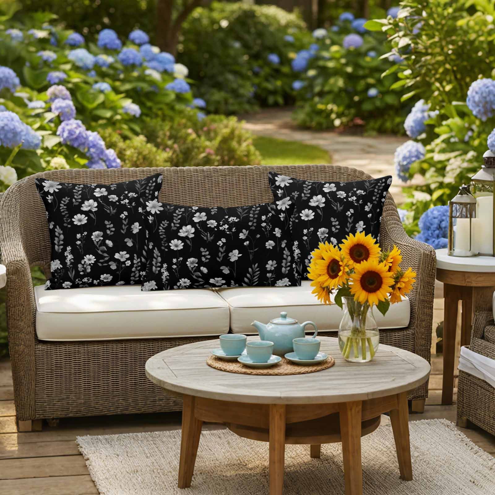 Outdoor Waterproof Throw Pillow Covers Set of 2 Black Wildflowers Decorative Pillowcases Square Outdoor Pillows Cushion Case 18x18 Inch Spring Floral Leaves Patio Pillows for Couch Sofa Bed Garden