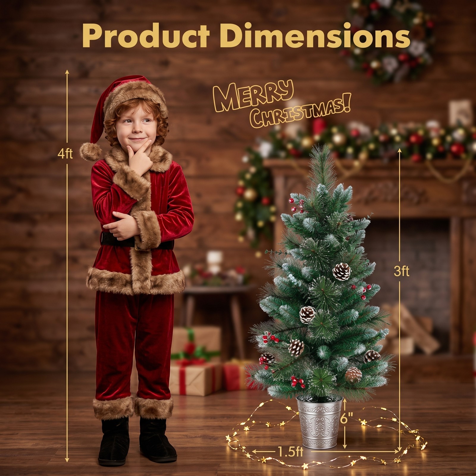RUIE 3 FT Battery-Operated Tabletop Christmas Tree, Pre-Lit Artificial Mini Xmas Tree with 20 Warm White LED Lights, 81 Branch Tips, Red Berries & Pine, Green & White