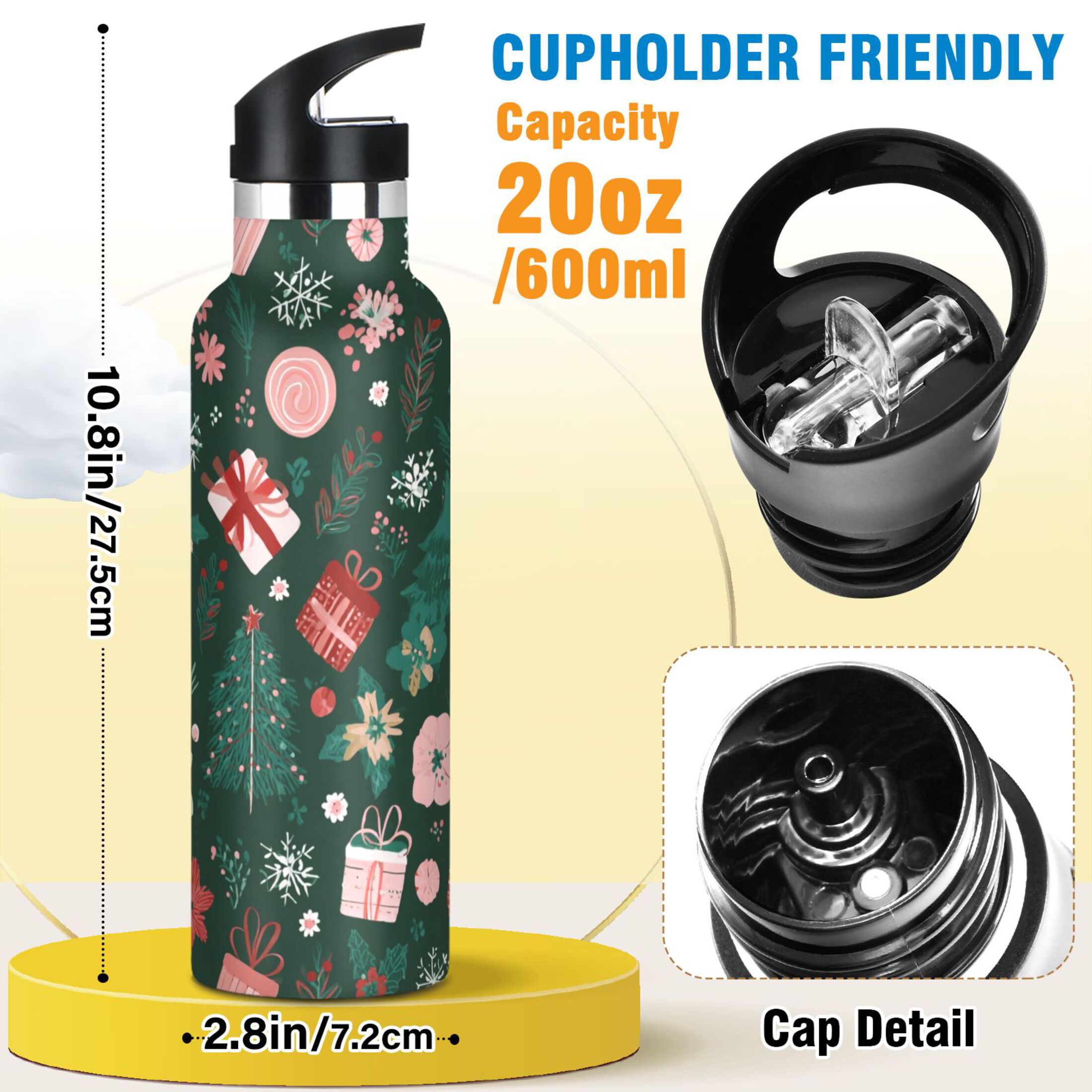 600ML Stainless Steel Insulated Cup Sports Water Bottle Portable Thermos Cup Water Glasses Insulated Tumblers Convenient and Durable Christmas Elements