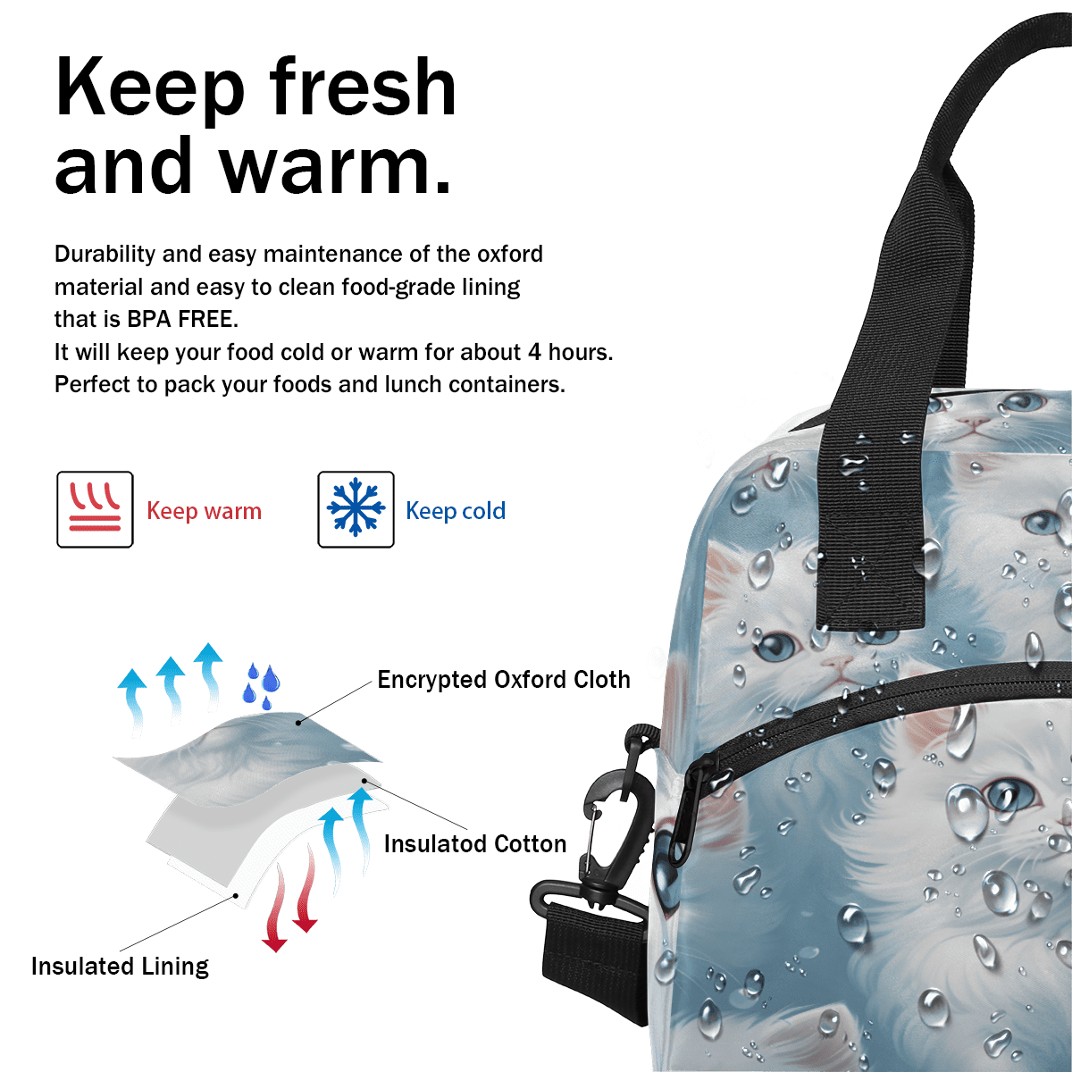 Herdesigns Cat Insulated Lunch Bag for Women Men Adults Large Reusable Lunch Box Cute Cat Leakproof Cooler Tote Bags with Adjustable Shoulder Strap