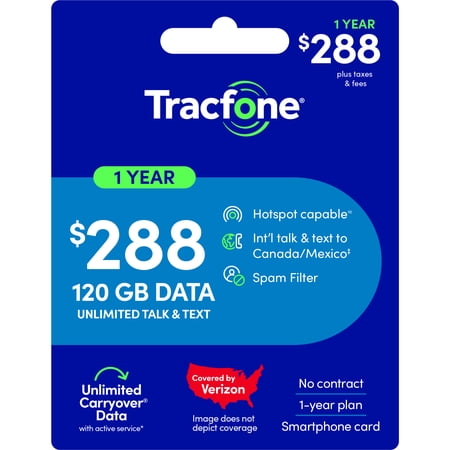 Tracfone $288 Unlimited Talk & Text plus 120 GB of Data 365-Day - Prepaid Plan Direct Top Up