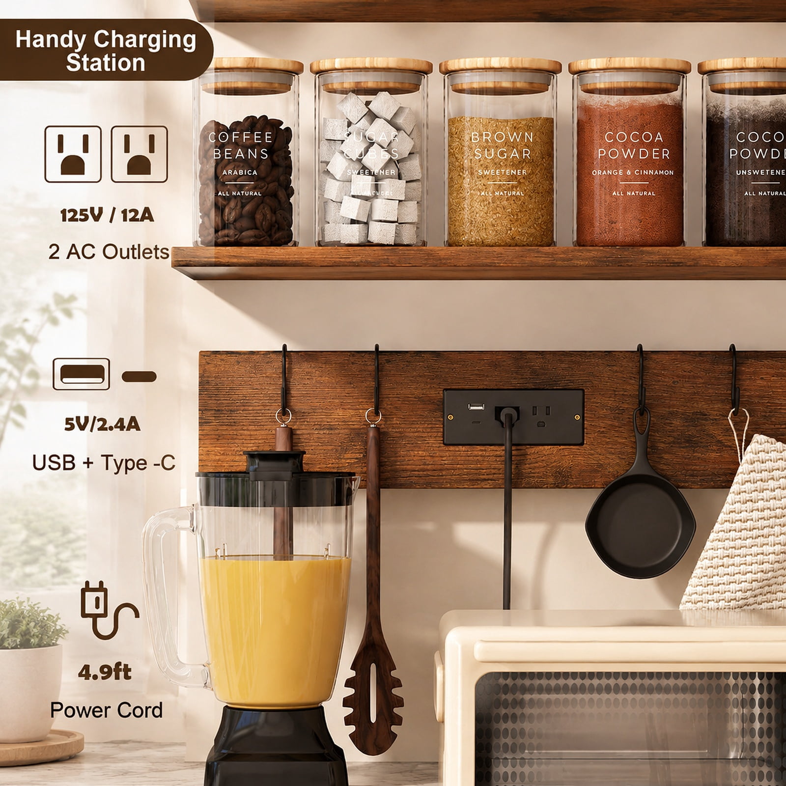 RUIE 60 Inch Tall Microwave Stand with Open Shelves, Kitchen Baker's Rack with Built-in Power Strip and 10 Hanging Hooks, Rustic Brown
