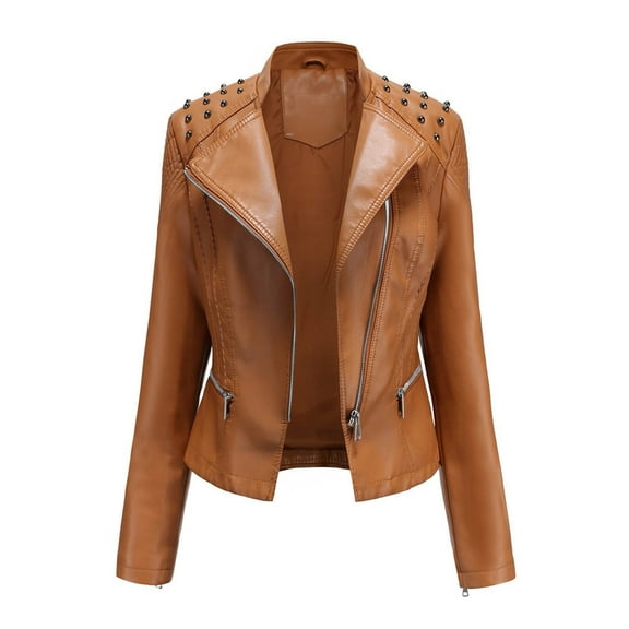 Women Lapel Motor Jacket Zip Up Cropped Outerwear Coat