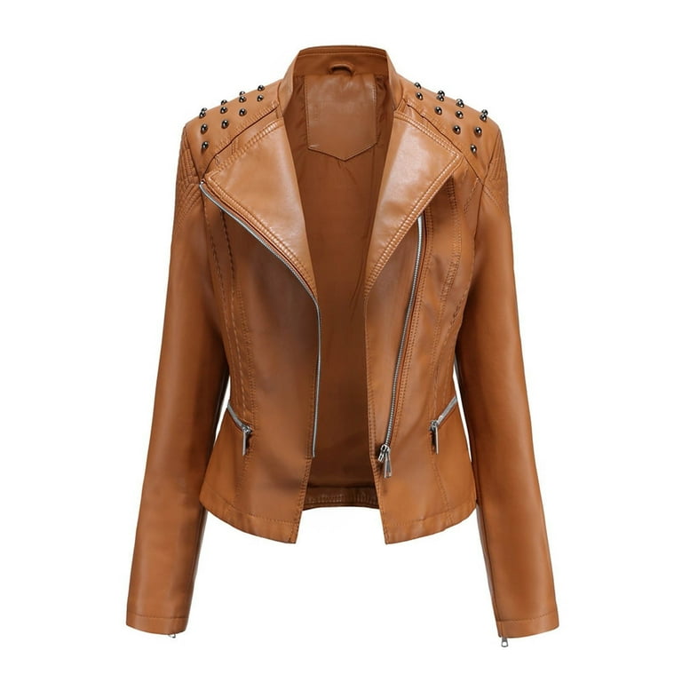 JDEFEG Fashion Long Sleeve Plush Leather Jacket Women Ladies Lapel