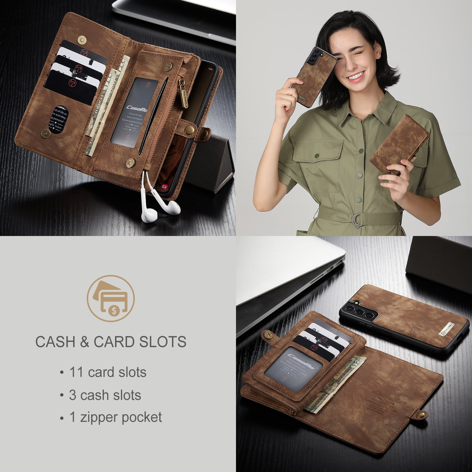 TECH CIRCLE Samsung Galaxy S22 Plus Case,Galaxy S22 Plus Wallet Case with Card Holder Kickstand Zipper Pocket Lanyard Strap Wristlet PU Leather Flip Case Wallet for Galaxy S22 Plus 6.6 inch,Darkbrown