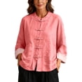 thumbnail image 2 of Nmnitkp Women's Cotton Linen Mandarin Collar Shirt Frog Button Contrast Cuffs Long Sleeve Loose Casual Top with Pockets for Fall Daily Work Loungewear Pink,M, 2 of 6