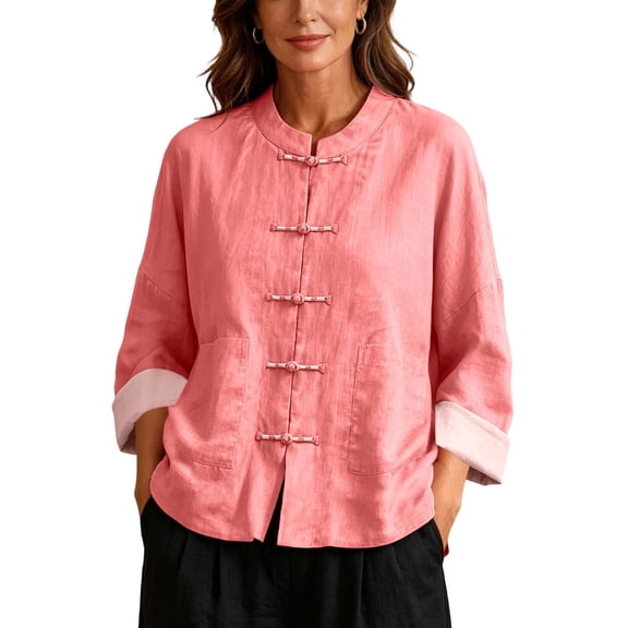 Dvprdro Women Frog Button Round Collar Linen Jacket Long Sleeve with Side Pockets for Daily Casual Street Outfit