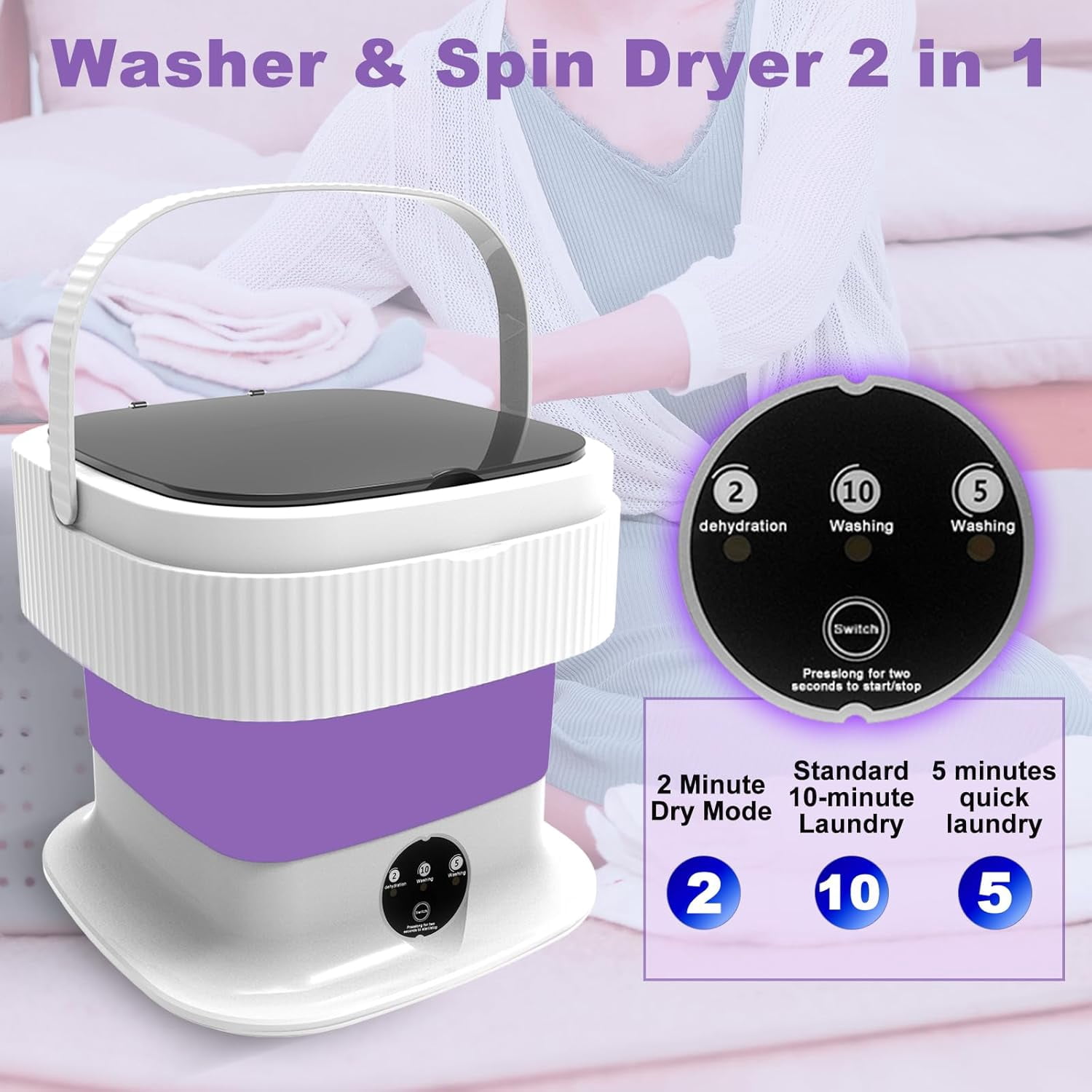 Portable Washing Machine, Foldable Mini Washing Machine,10L Mini Washer with Spin Dryer, Collapible Compact Small Folding Laundry Washer for Socks,Baby Clothes,Underwear,Dorm,Camping,Apartment,RV