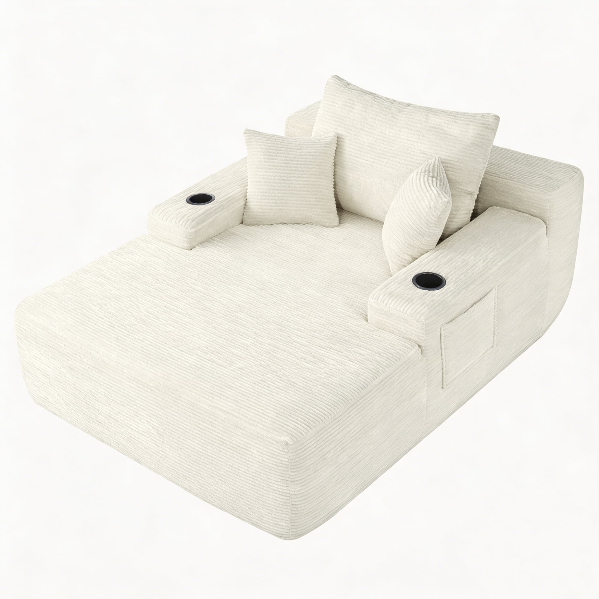 Leumius Oversized Chaise Lounge Chair Indoor,Upholstered Corduroy Cloud Couch Boneless Sofa Bed with Wide Armrest & Throw Pillows,Cup Holder for Living Room,Bedroom,No Assembly Required,Beige