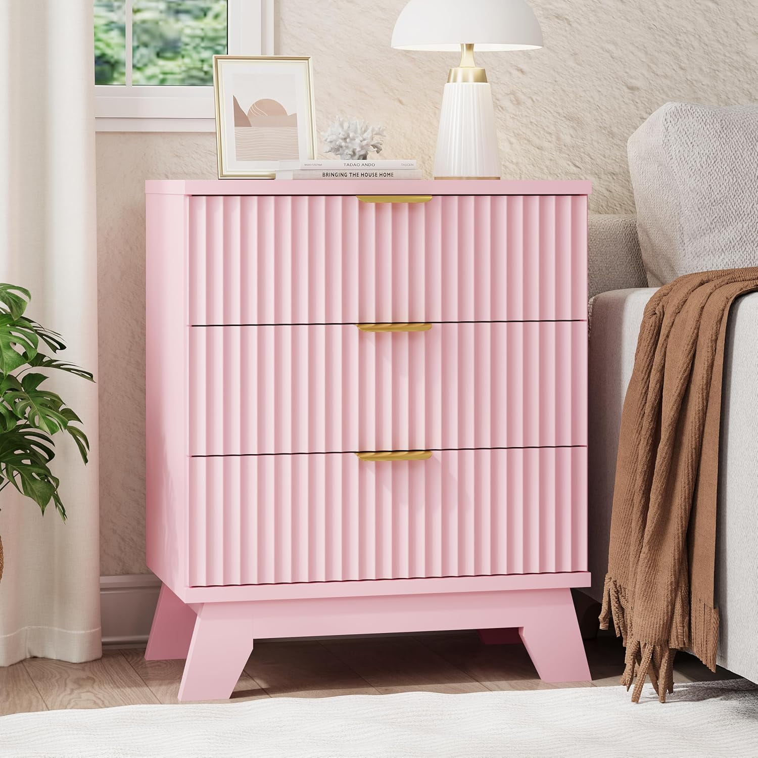 FANRAL Nightstand Set of 2,3 Large Drawer 30" Tall Night Stand,24" Wide Side Table,Wood Fluted Bedside Table Modern End Table Small Dresser for Bedroom,Pink Nightstand