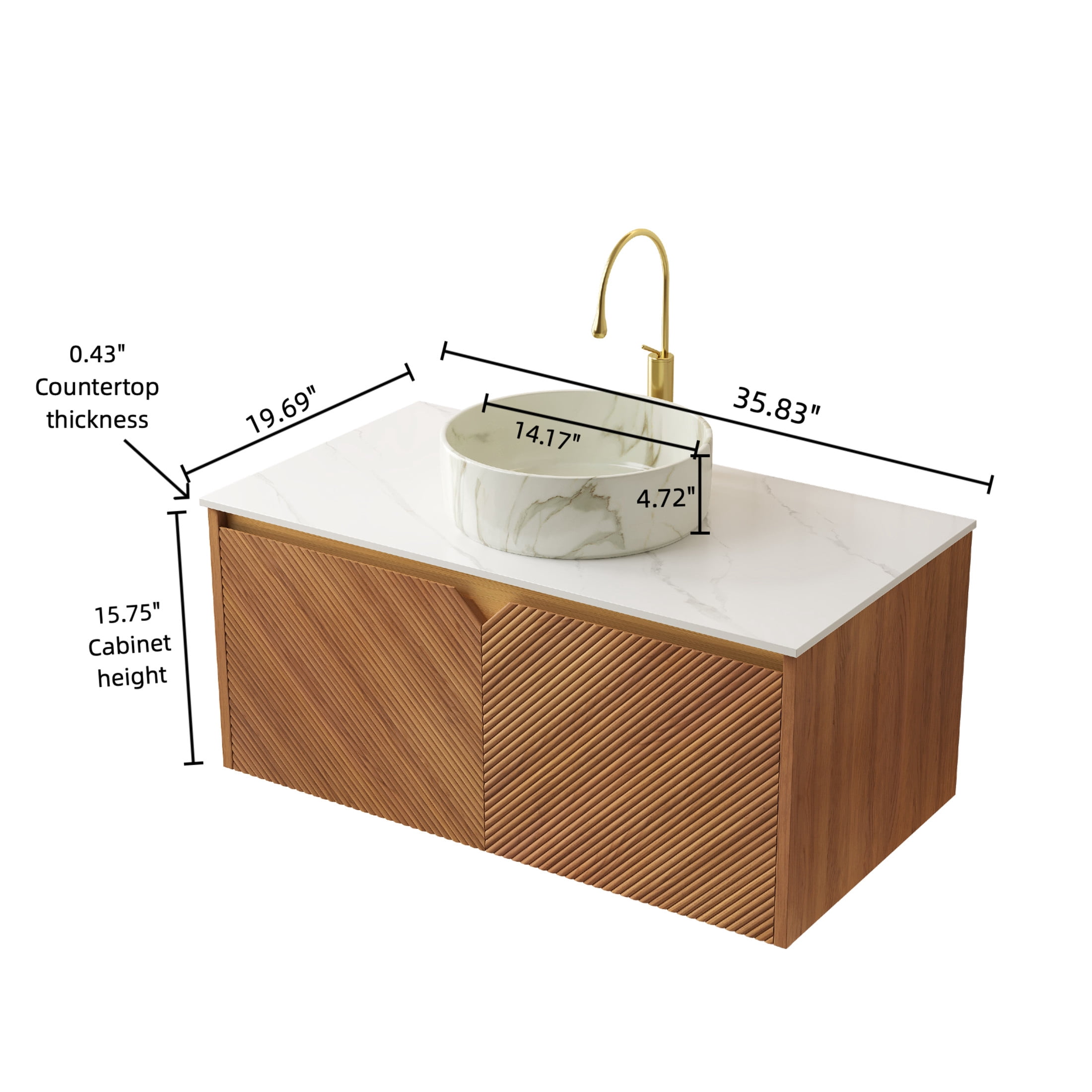 Noble House RUBEN 36" Floating Bathroom Vanity, Sintered Stone Top Cabinet with Stone Round Ceramic Vessel Sink, Oak