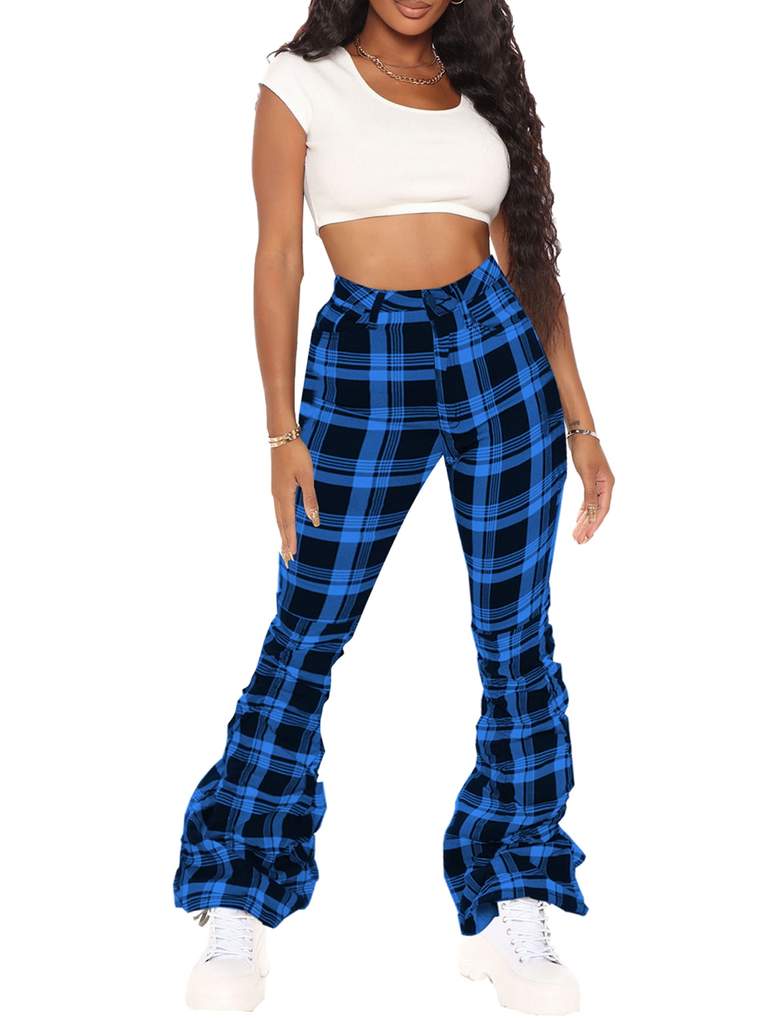 hirigin Retro Trousers Ruched High Waist Contrast Color Plaid Flared Pants Walmart
