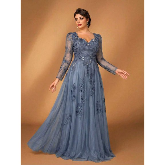 Dusty Blue Plus Size Evening Gown With Floral Embroidery And Long Sleeves