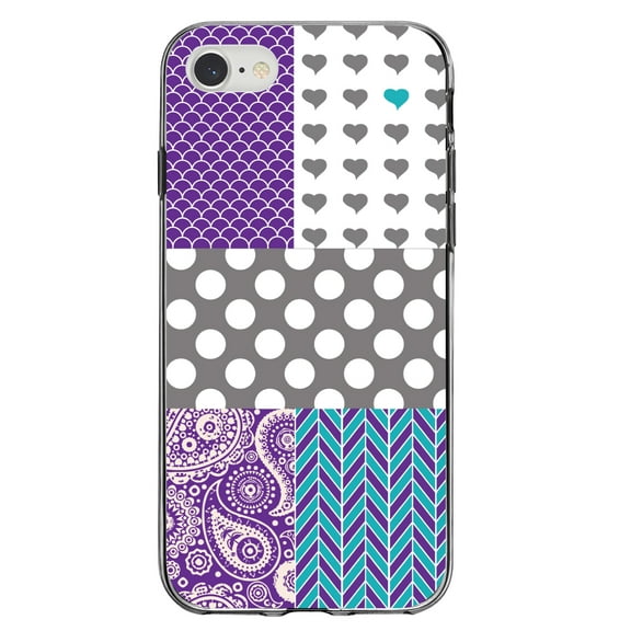 DistinctInk Clear Shockproof Hybrid Case for iPhone 7 8 SE (2020 Model) 4.7" Screen TPU Bumper Acrylic Back Tempered Glass Screen Protector - Purple Teal Grey Patterns