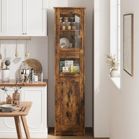 Yiwa Tall Storage Cabinet with Glass Doors, Freestanding Pantry or Linen Cupboard with Adjustable Shelf for Bathroom, Kitchen, or Laundry Room