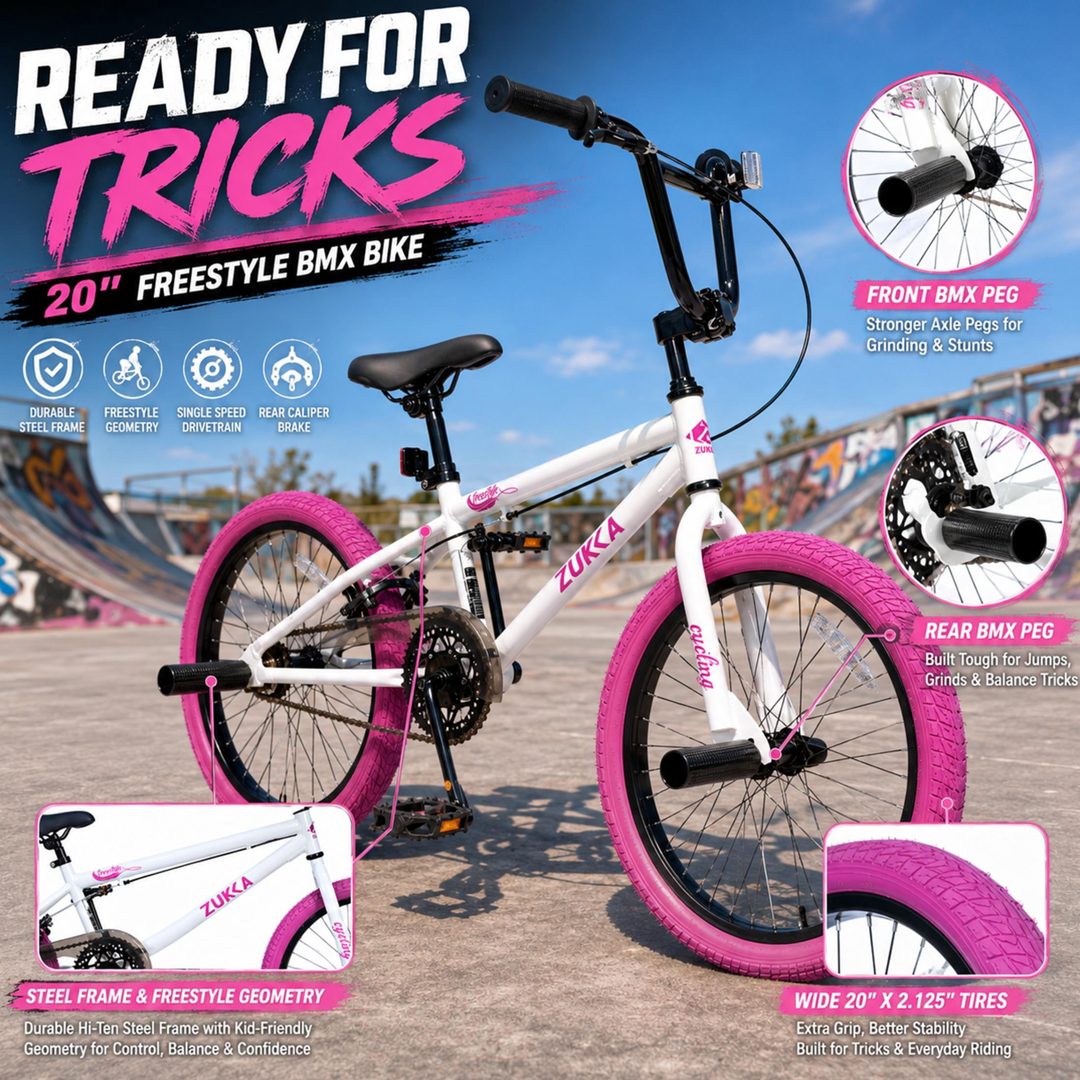 Freestyle Kids Bike 20 Inch Single Speed Children's Bicycle with BMX Pegs, Carbon Steel Frame and Rear Caliper Brake for Boys and Girls Ages 7-10 Years, White