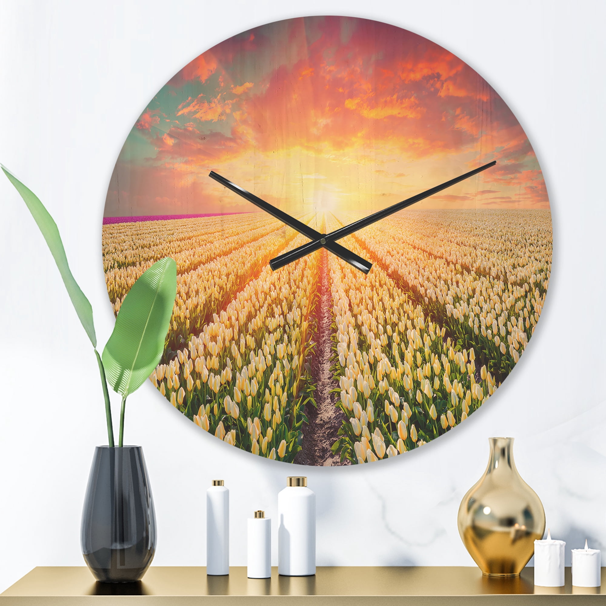 Designart 'Blooming White Tulips at Sunrise' Farmhouse Wood Wall Clock