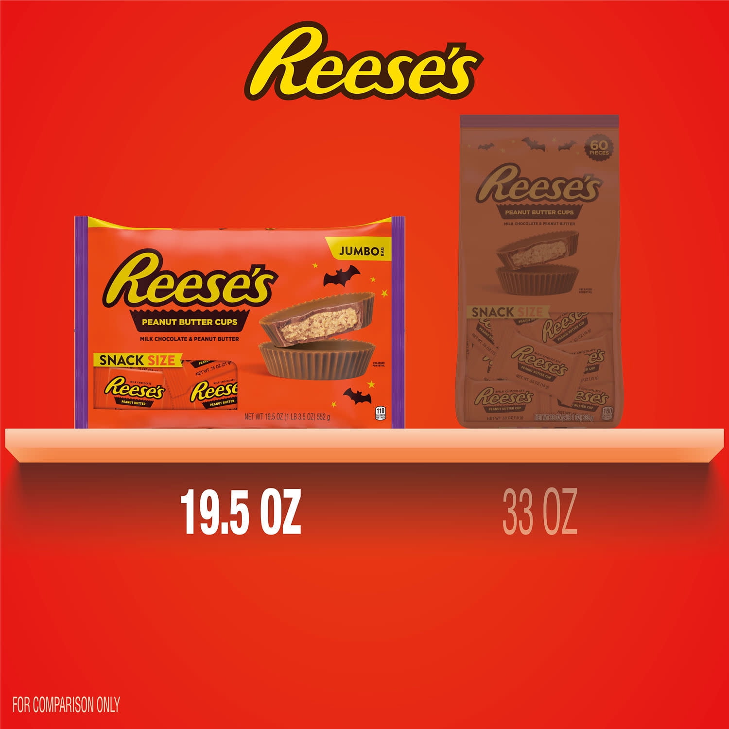 (2 pack) REESE'S Milk Chocolate Snack Size Peanut Butter Cups, Halloween Candy Jumbo Bag, 19.5 oz